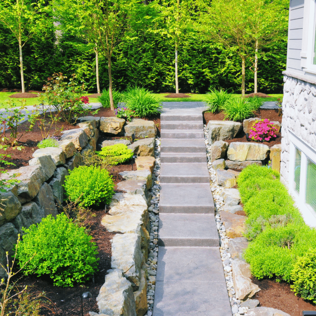 Front yard landscaping with paver patio and retaining wall in Fort Lupton, CO